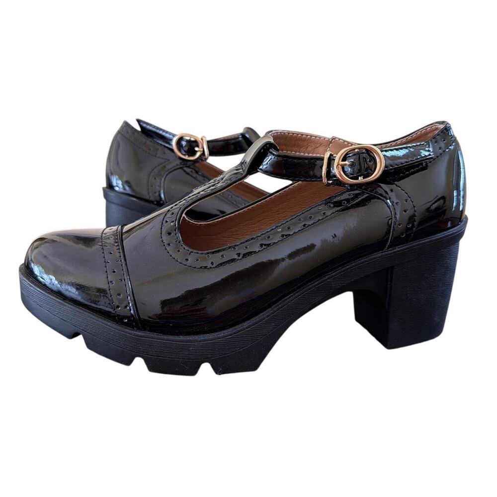 Dadawen Black Patent Leather T-Strap Mary Jane Heels Women's Size 42 10.5